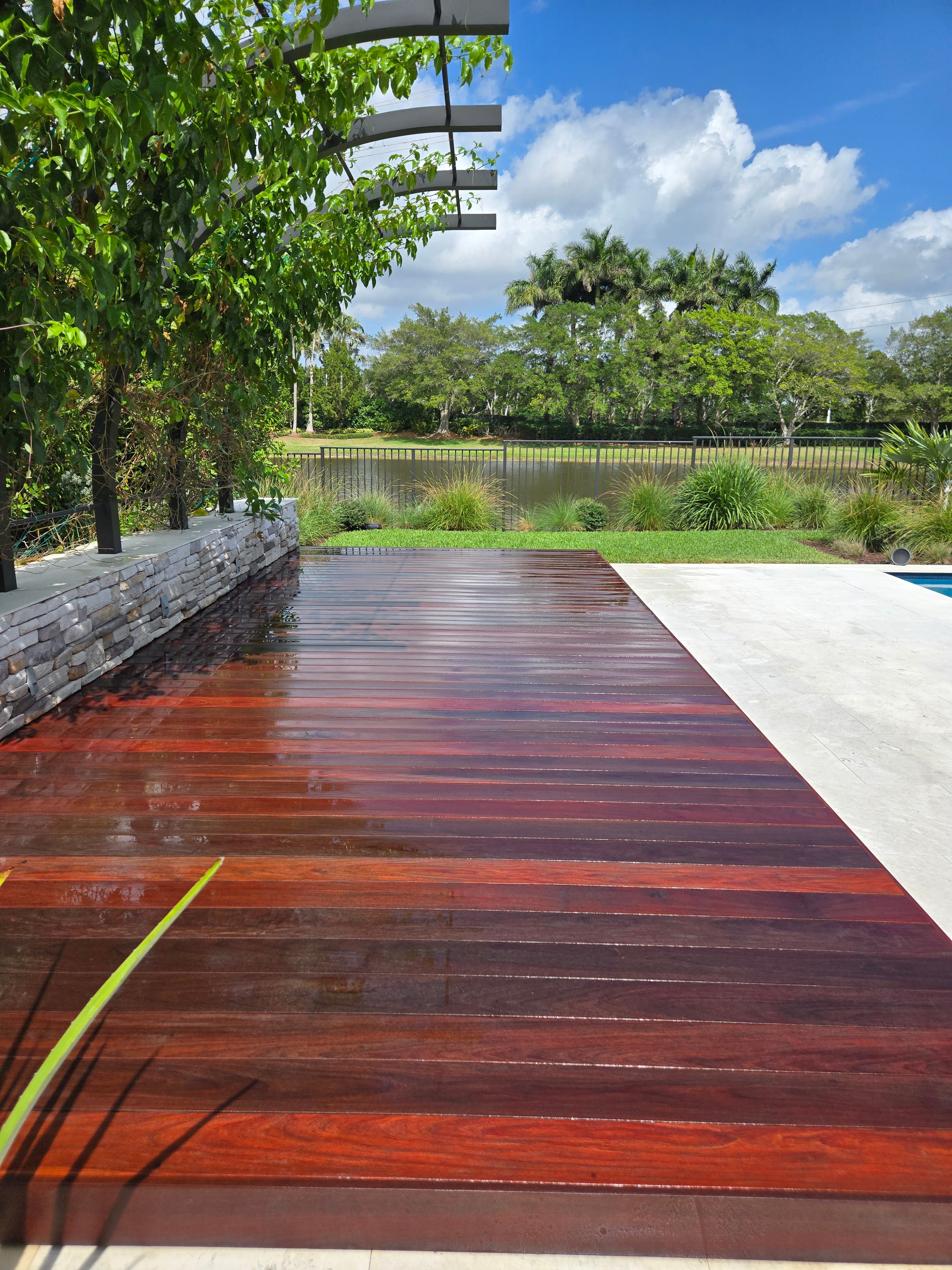 Refinished hardwood deck overlooking tropical garden — South Florida deck refinishing